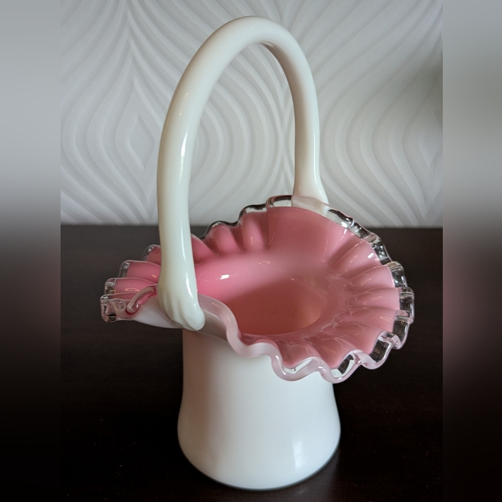 Vintage Fenton Peach Crest MCM Milk Glass Basket